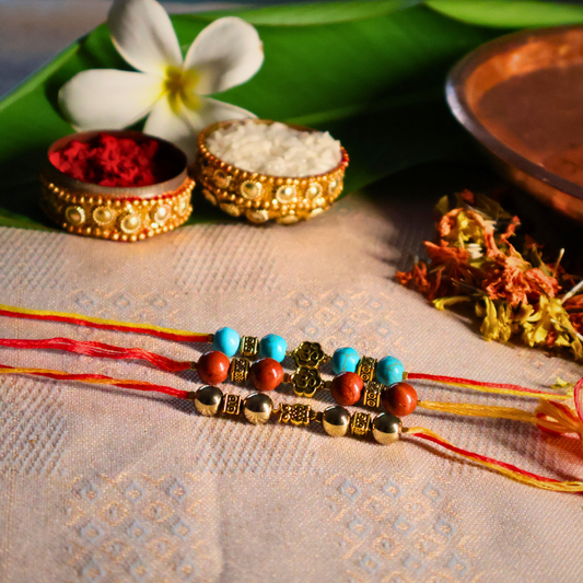 Pack Of 3 - Red Jaspar | Golden Pyrite | Turquoise Rakhi Combo